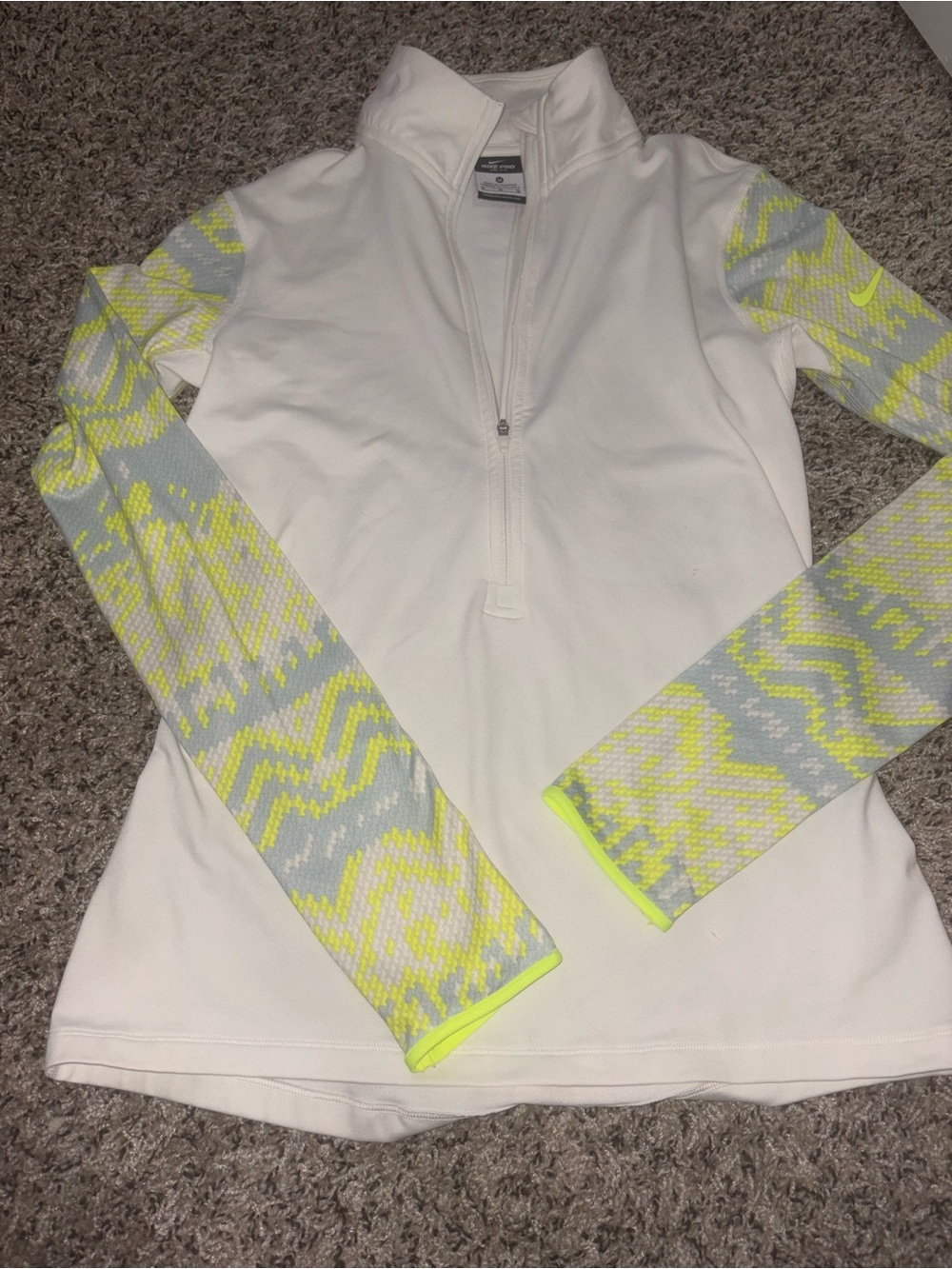 Nike White Quarter-Zip Pullover with Neon Yellow Patterned Sleeves